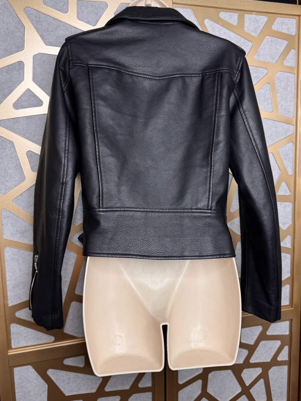 ZARA Basic Faux Leather Moto Jacket Black Belted Biker Style - Picture 4 of 12